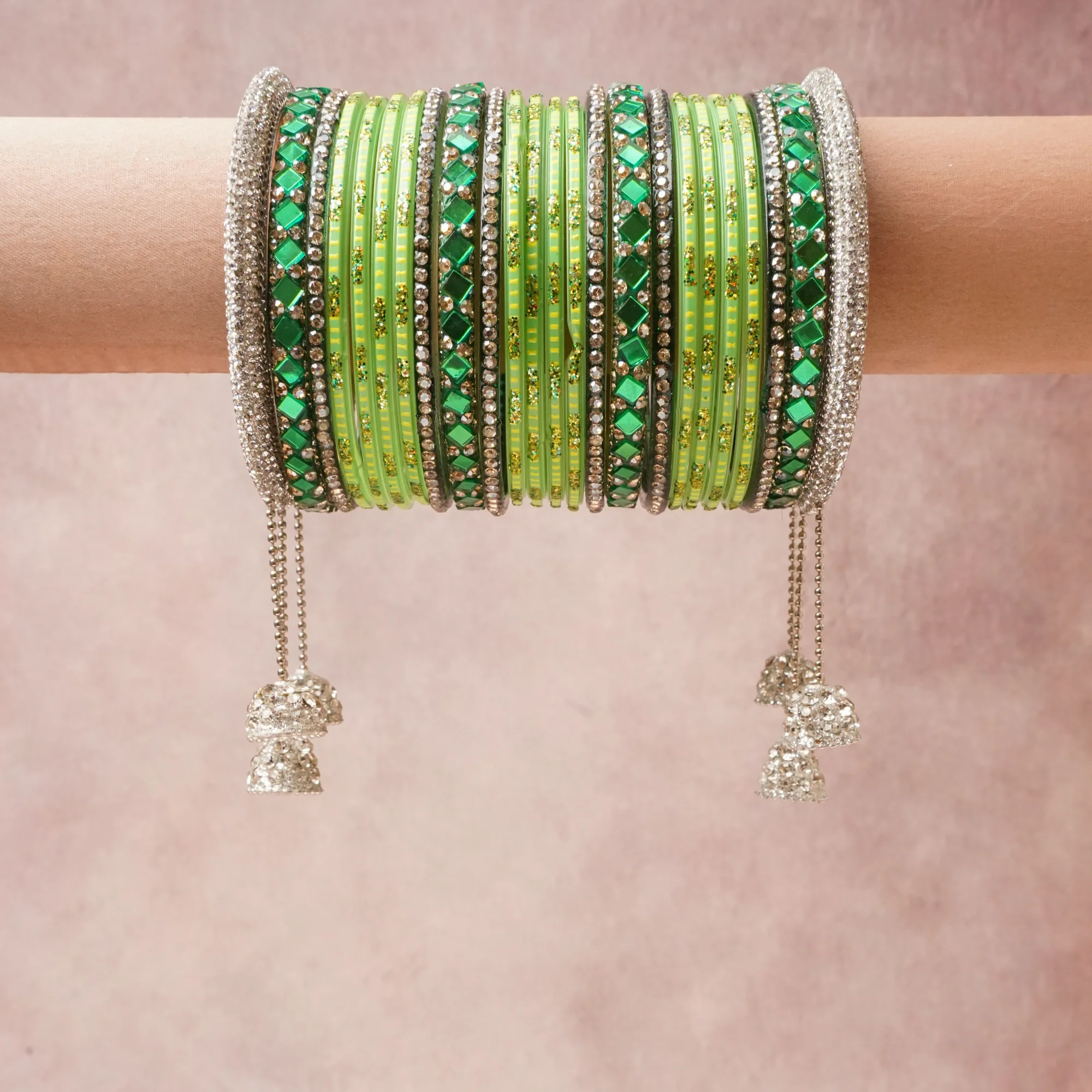 A commanding Lime Green anchors this beautiful set, enriched with accents of Silver, Emerald Green, Pale Gold, Clear/Colorless that add depth and dimension.

Featuring a striking composition of Glass, Rhinestones, Faceted Glass, Silver-toned Base Metal, Glitter, this set carries intricate craftsmanship and strong presence. Grand in form, it is created for moments that deserve to be marked.